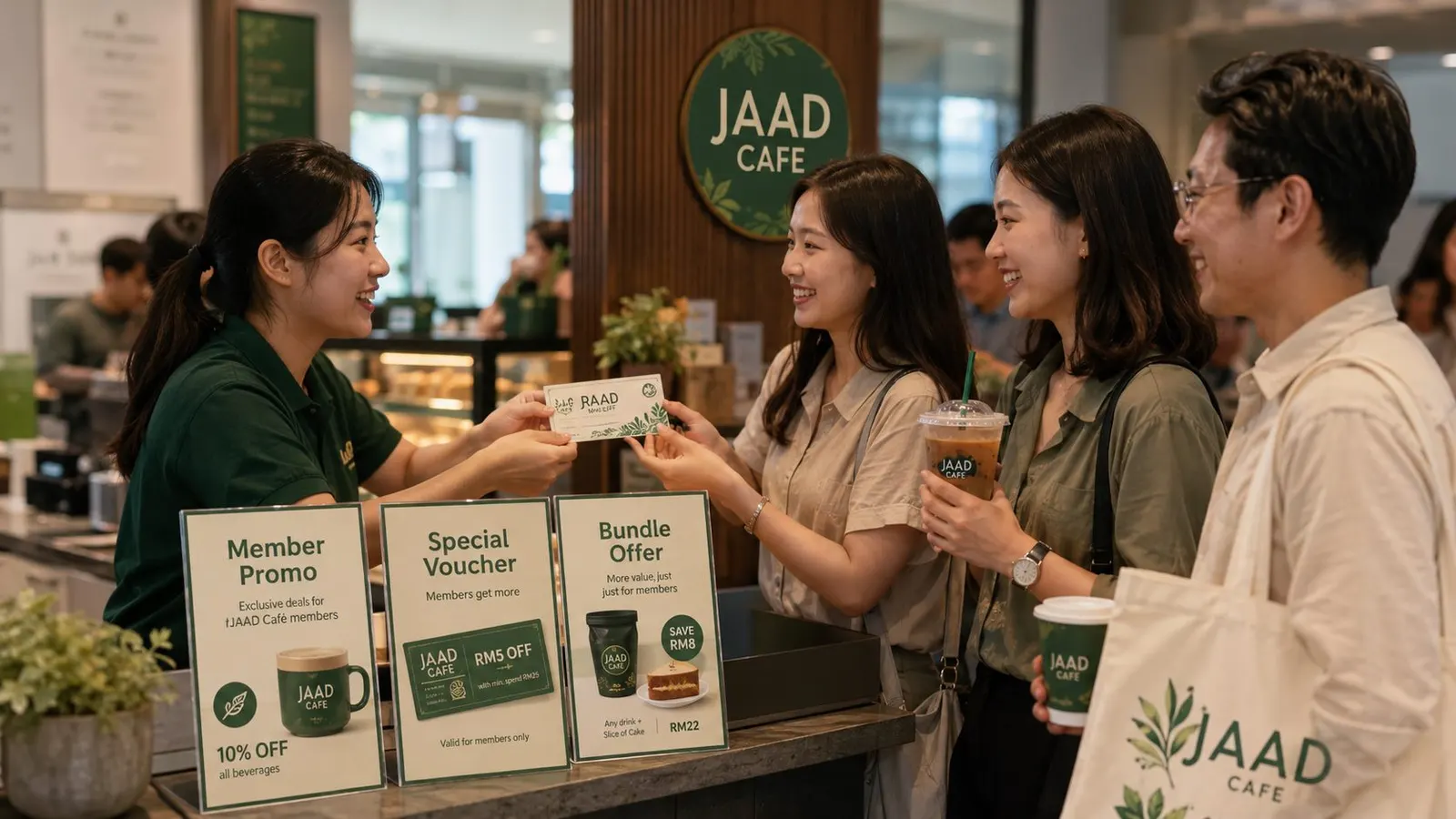 Barista menyerahkan kartu member dan voucher promo