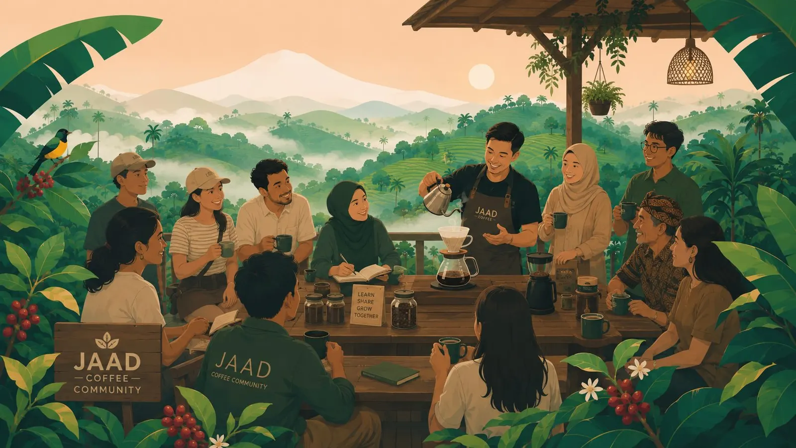 Ilustrasi anggota JAAD Coffee Community menyeduh kopi bersama di tengah perkebunan