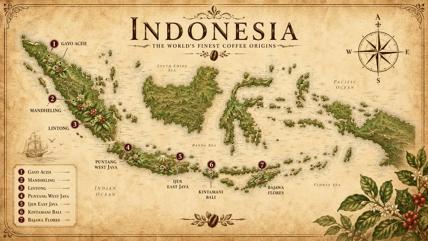 Peta Indonesia — tujuh origin kopi Jaad: Gayo, Mandheiling, Lintong, Puntang, Ijen, Kintamani, Bajawa Flores