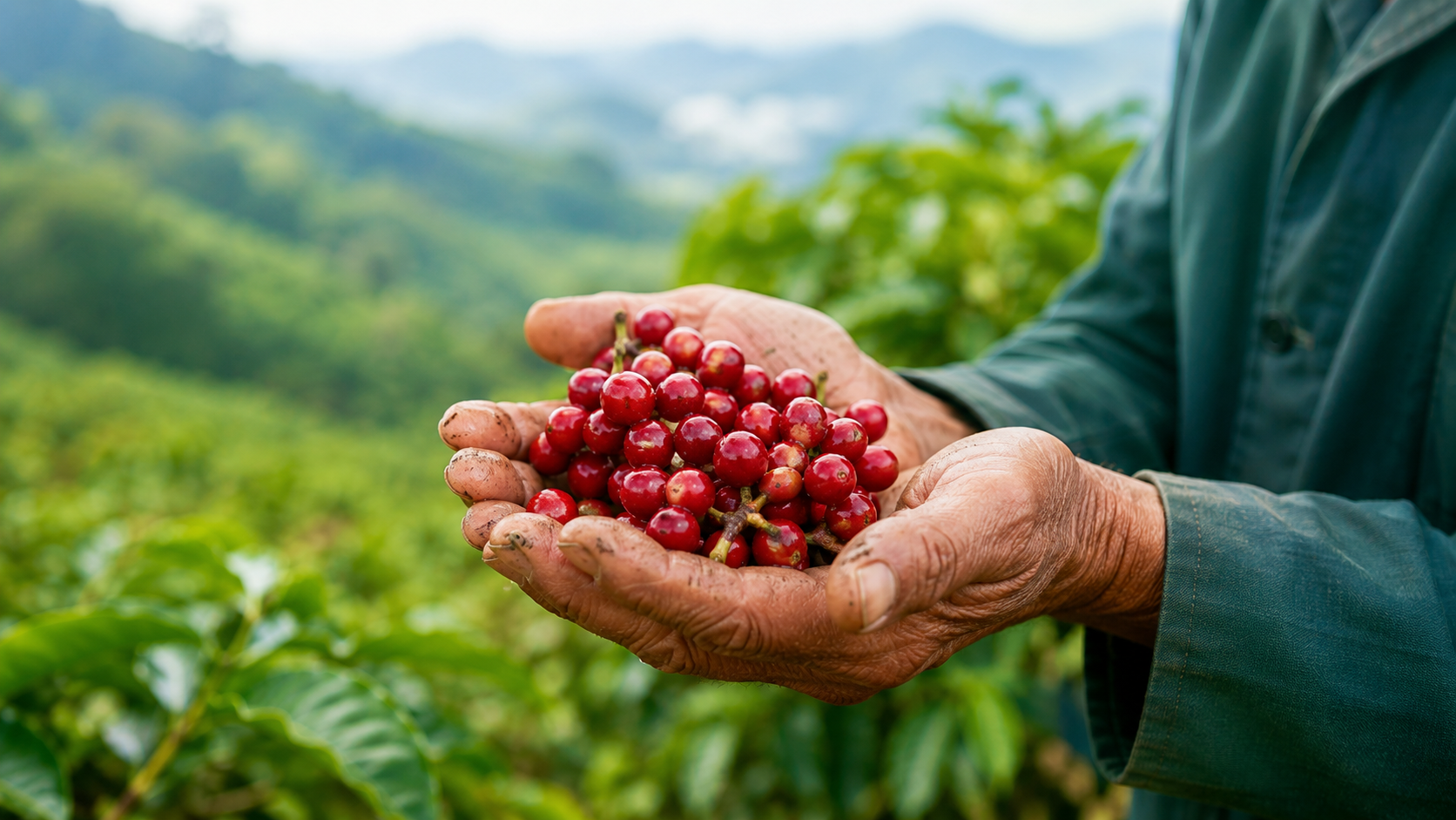 Ceri kopi segar di tangan petani