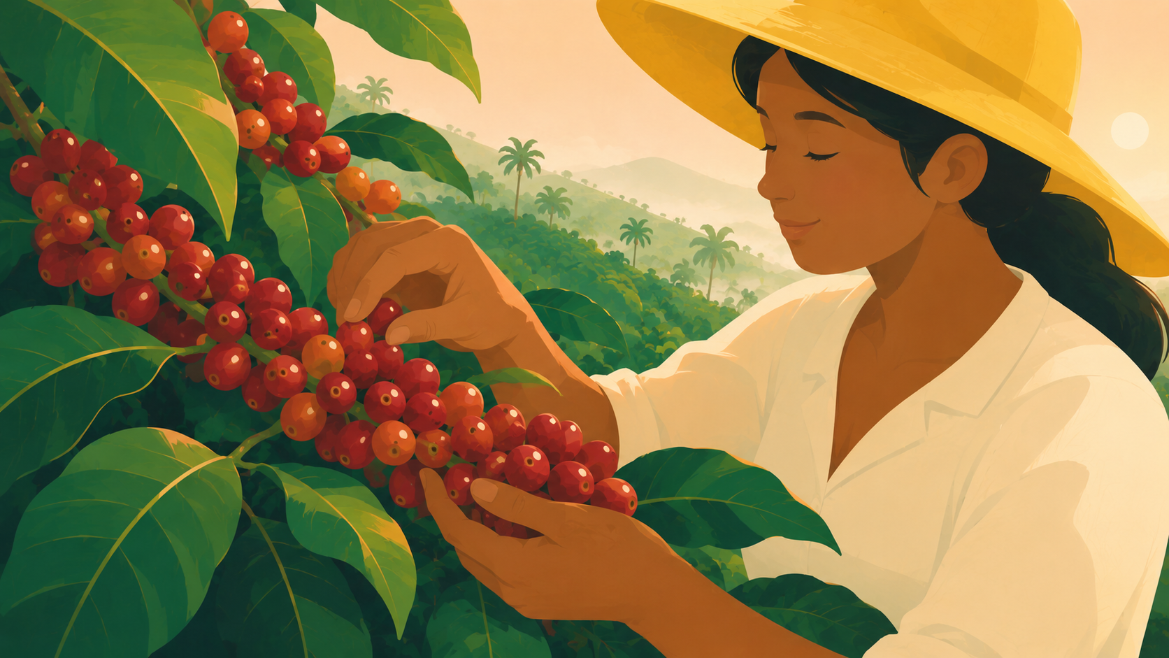 Petani memetik ceri kopi merah di kebun Indonesia